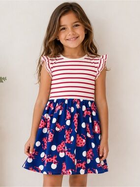 Mini Boden Posie Dress Blue Cat Polka Dot Frill Sleeve 100% Cotton Girls 10-11Y